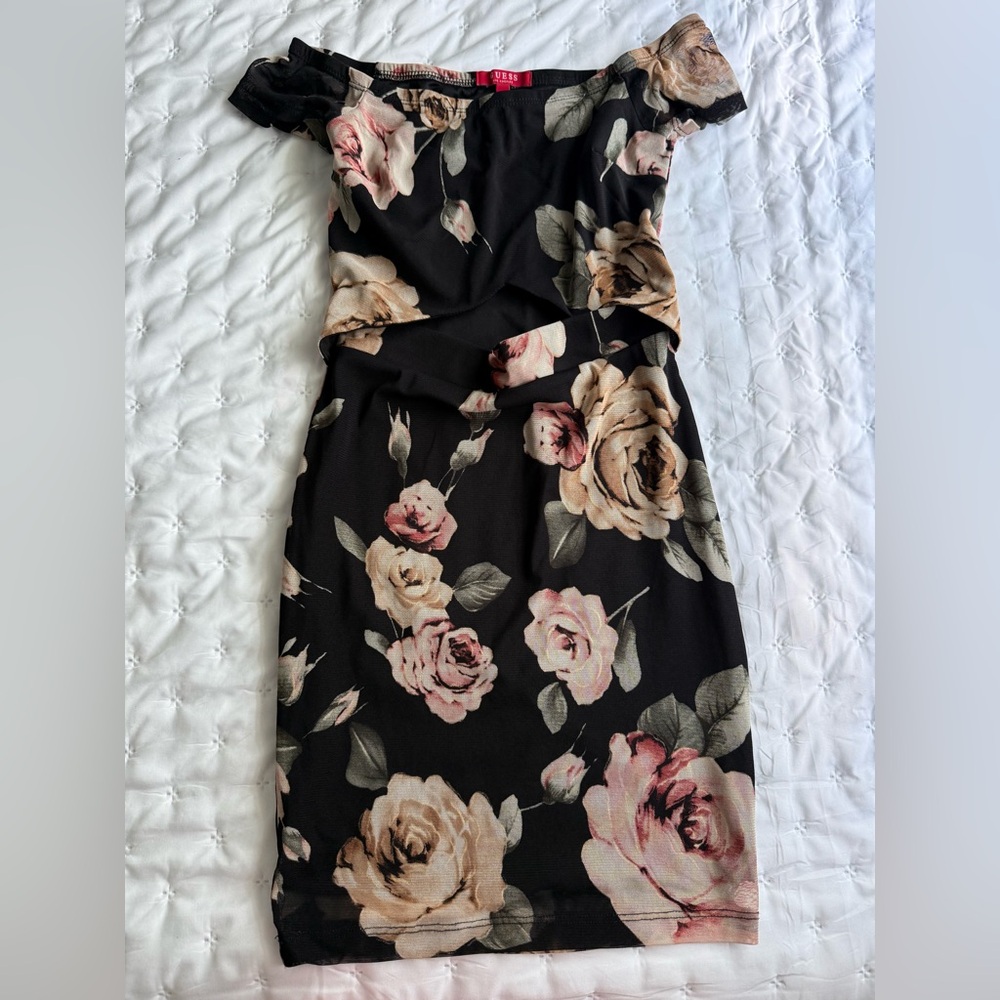 Guess Black Floral Off-Shoulder Midi Dress